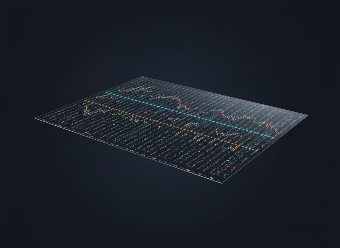 A sleek, abstract digital-art dashboard representing the Tokyo Stock Exchange Prime market, rendered as a single ultra-wide sheet floating in a dark navy, minimalist space. The sheet is filled with tiny, precisely aligned columns of colored OHLC bars and candlesticks, hinting at one month of price data for hundreds of stocks, yet all text is replaced by clean geometric blocks and subtle icons. Cool cyan and amber highlights trace key price ranges. Soft, controlled studio-style lighting creates gentle reflections on the sheet’s glossy surface, emphasizing its edges and grid structure. Viewed from a slightly elevated three-quarter angle with sharp focus throughout, the mood is professional, analytical, and calm, suitable for a technology-driven Japanese stock information site.