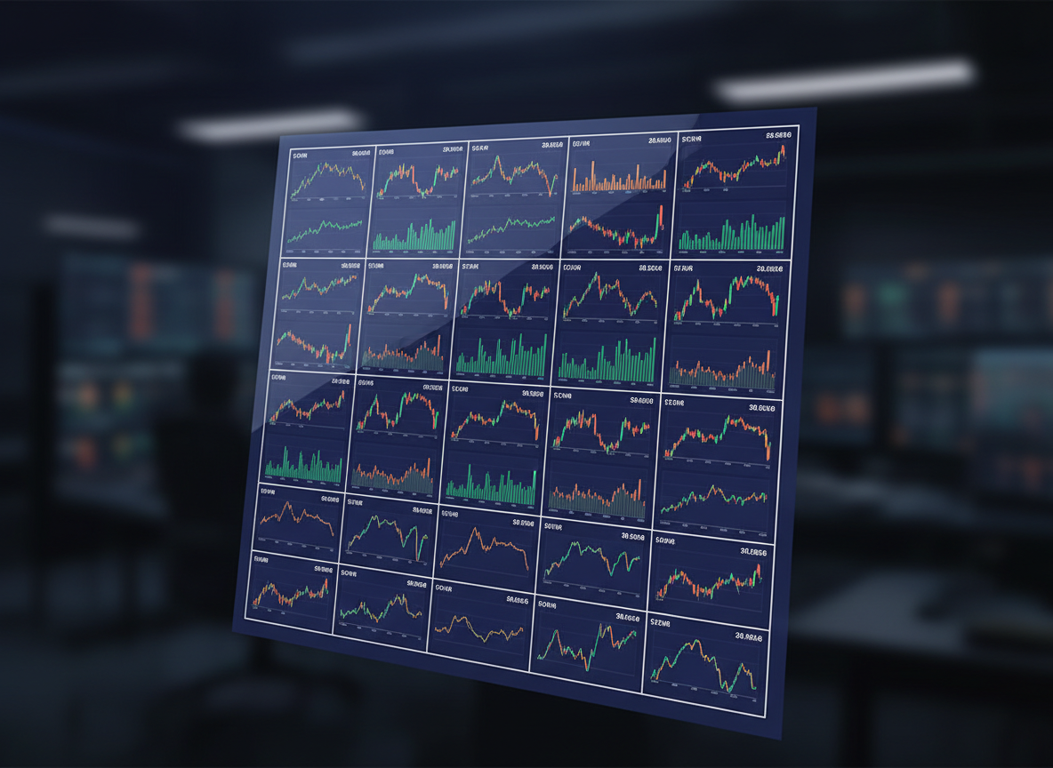 A close-up digital-art illustration of a sophisticated financial interface panel showing a compact portion of an all-in-one TSE Prime market sheet. Clean rows of rectangular cells contain abstract OHLC mini-bars and sparkline curves, arranged in perfectly aligned grids that suggest one month of trading data. Colors are restrained: deep indigo for the background, crisp white grid lines, with accent tones of emerald and amber indicating market movements. Soft, focused front lighting creates gentle reflections on the glassy panel surface, while the surrounding environment fades into a blurred dark tech workspace with subtle hints of other panels. Framed at a slight diagonal from an eye-level angle, the image conveys clarity, precision, and professional reliability.