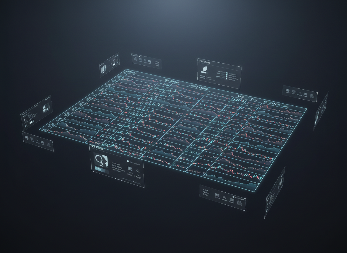 An elegant digital-art scene of a massive virtual spreadsheet suspended in mid-air, depicting a one-sheet overview of TSE Prime stock prices over a month. Each row becomes a thin luminous band with stylized OHLC ticks and micro candlestick charts, all color-coded in restrained blues, teals, and muted reds on a deep charcoal background. Surrounding the sheet, faint holographic frames evoke a Japanese-language interface without readable text, only icon-like shapes and blocks. Soft, cool white light from above highlights the structure while the background falls into a subtle gradient glow. Composed in a wide, cinematic aspect from a bird’s-eye perspective, the atmosphere feels precise, data-centric, and highly organized.