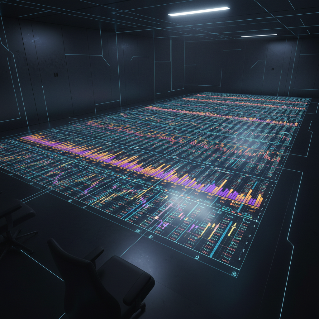 A futuristic digital-art command center dominated by a single enormous horizontal data sheet displaying the entire TSE Prime market on one surface. The sheet stretches from left to right like an illuminated runway, filled with micro OHLC charts and monthly price ranges represented as colorful, yet subtle, bar clusters. The room itself is minimal, with dark metallic walls and a faint glow of blue interface lines that hint at a Japanese-style UI without showing real text. A cool, diffused overhead light bathes the sheet, creating crisp highlights on the data lines while the background remains subdued. Captured from a low, wide angle looking slightly upward, the mood is powerful, high-tech, and strongly analytical.